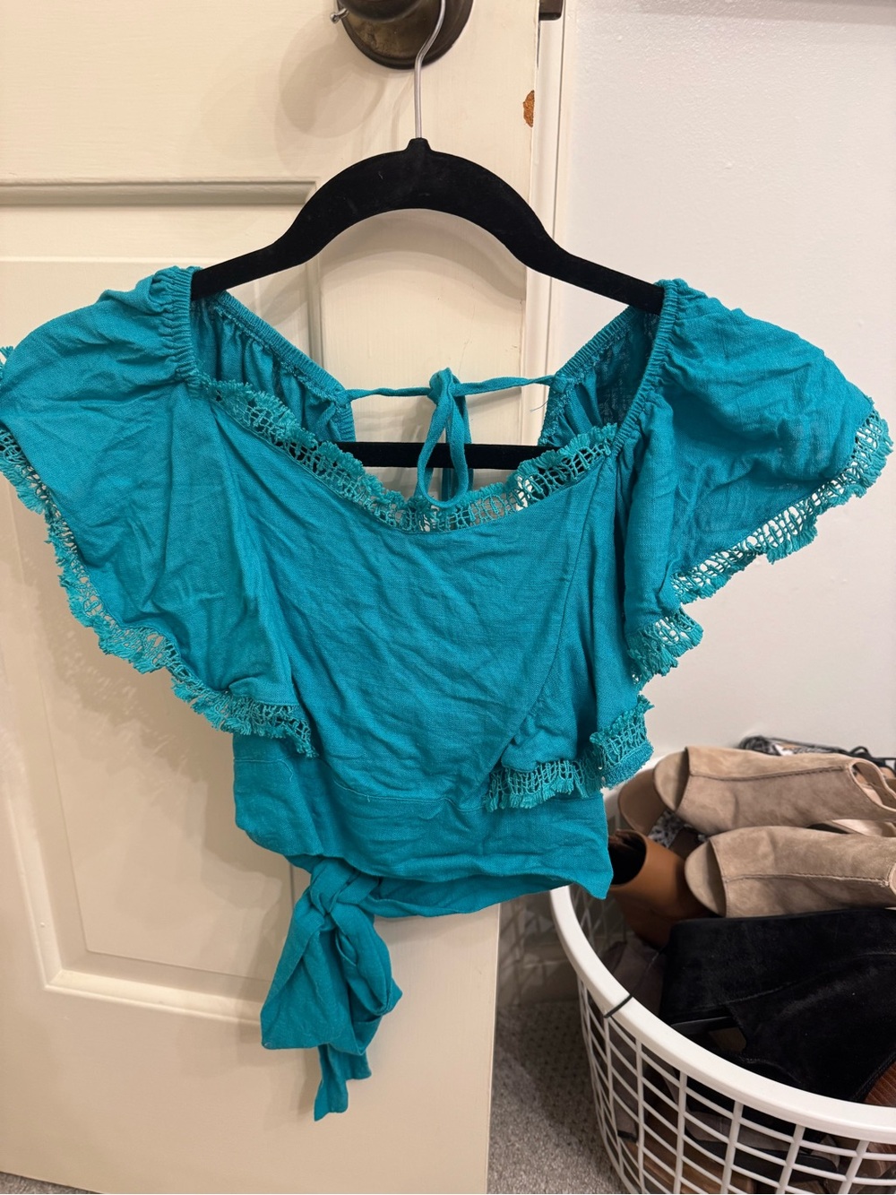 SHEIN Teal Tie-Front Off-Shoulder Crop Top